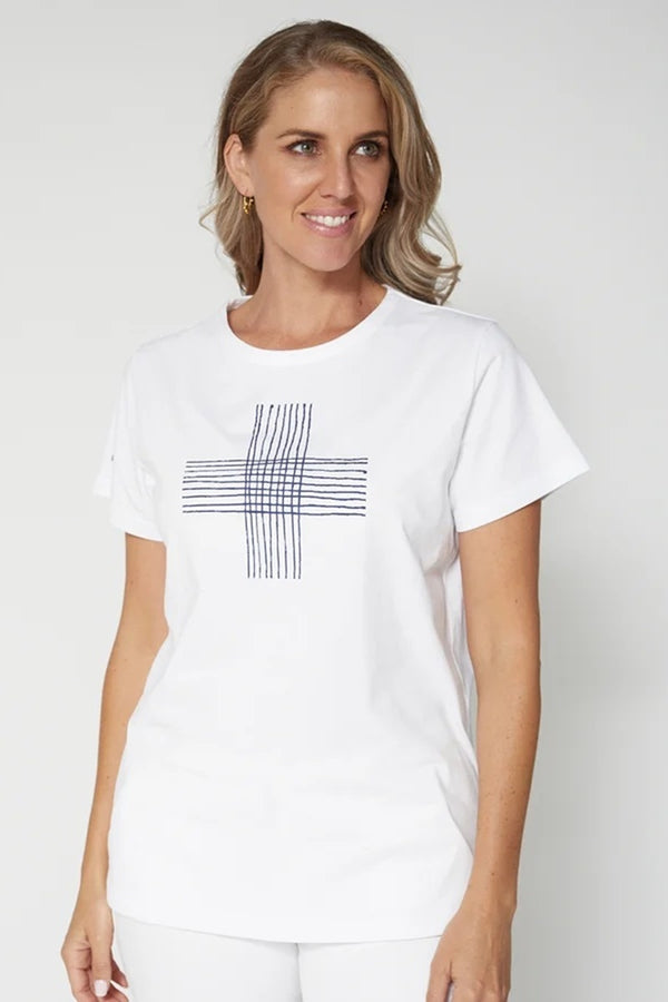 Stella + Gemma - White Navy Line Cross Tee