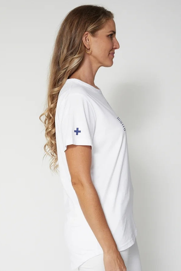 Stella + Gemma - White Navy Line Cross Tee