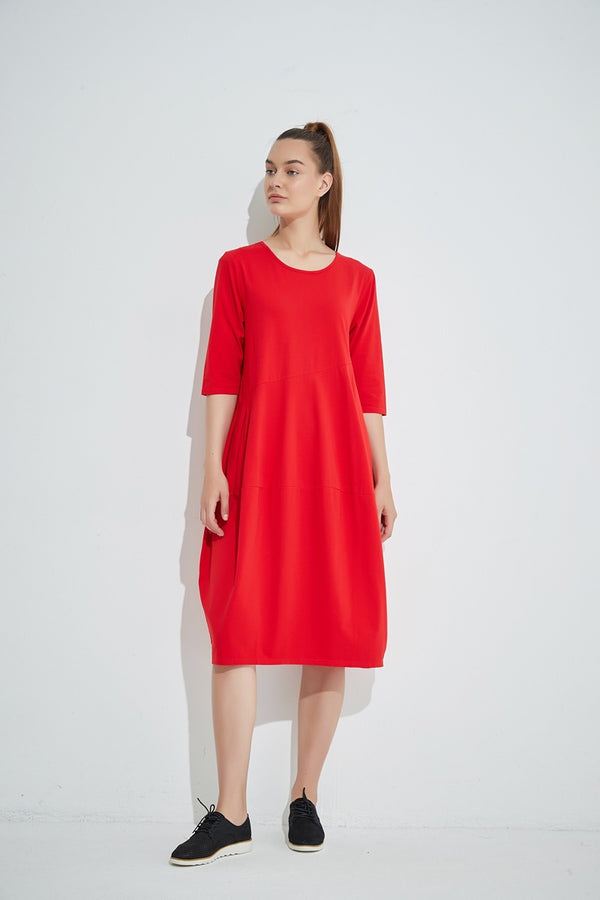 Tirelli - 3/4 Sleeve Diagonal Seam Dress - Red
