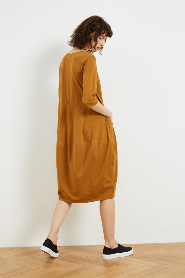 Tirelli - 3/4 Sleeve Diagonal Seam Dress - Caramel