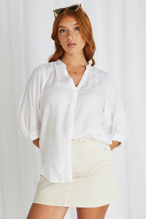 By Rosa - Deity White Linen Puff Sleeve Blouse - White