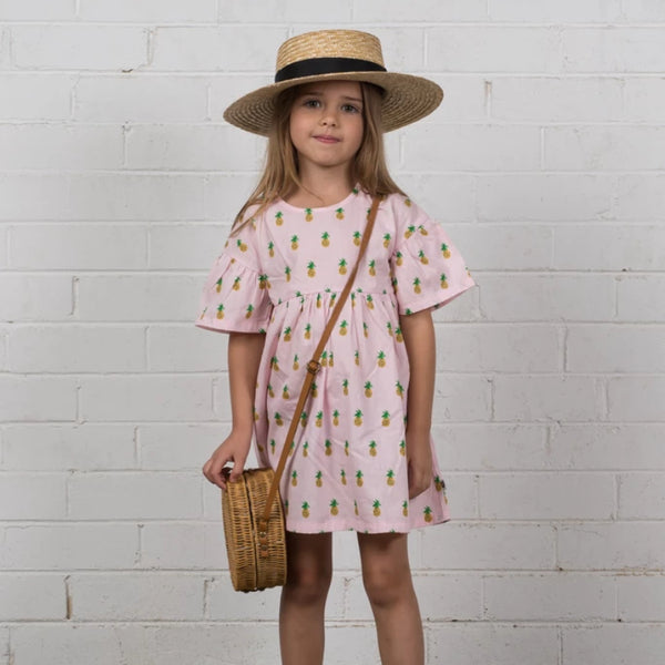 Hoot Kid Afternoon Dress in Pink Pineapple print