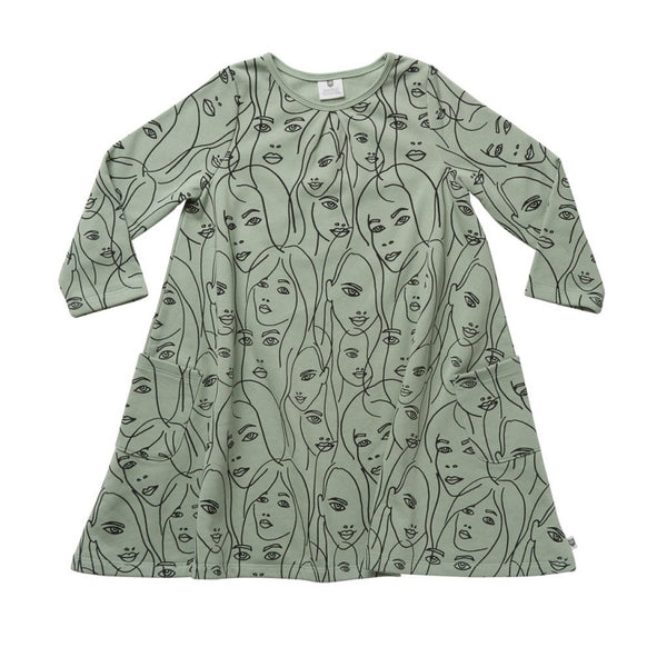 Hoot Kid All the Faces Swing Dress in Sage
