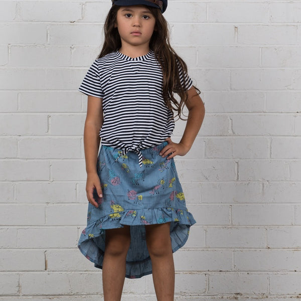 Hoot Kid Midi Skirt in Unicorn Chambray print
