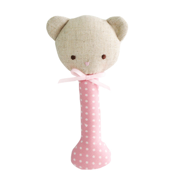 Alimrose Baby Bear Stick Rattle in Pink with White Spot