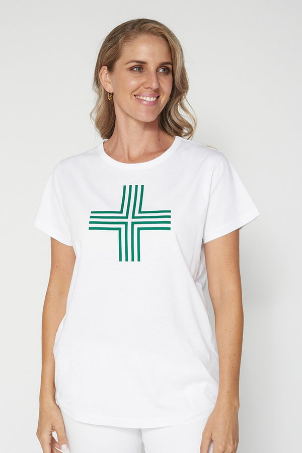 Stella + Gemma - T Shirt - White W/Green Logo Stripes