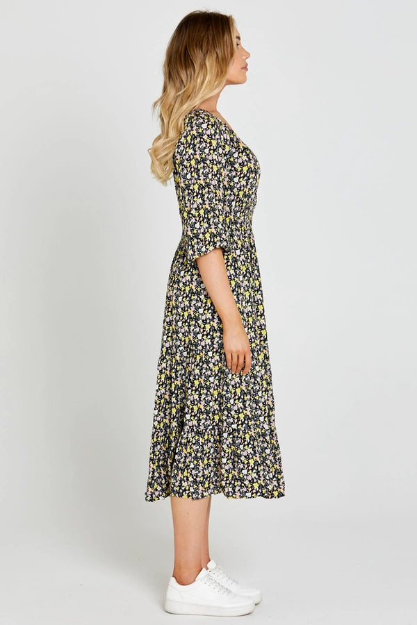 Sass - Sloane Midi Dress - Black Floral Ditsy