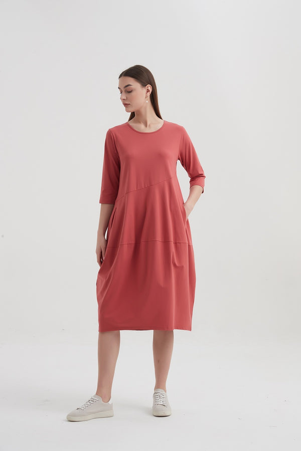 Tirelli - 3/4 Sleeve Diagonal Seam Dress - Warm Blush