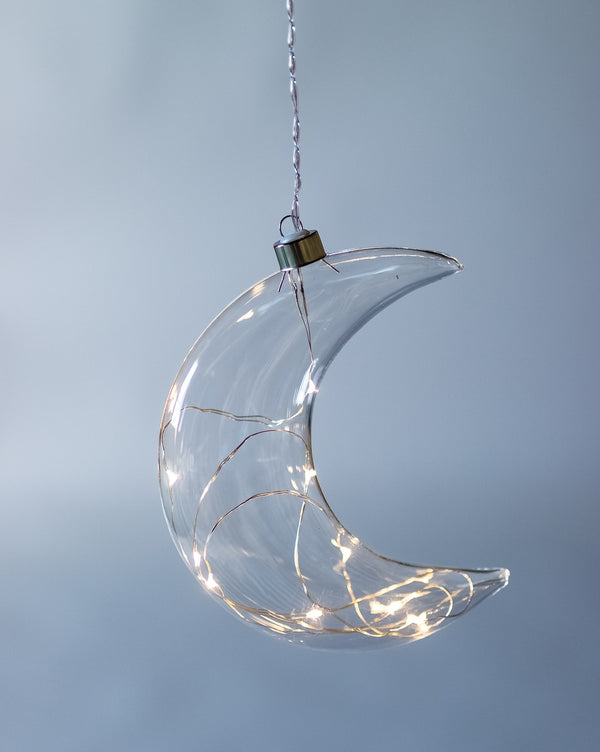 Stellar - Hanging Glass Crescent Moon Light. Clear. Silver Wire