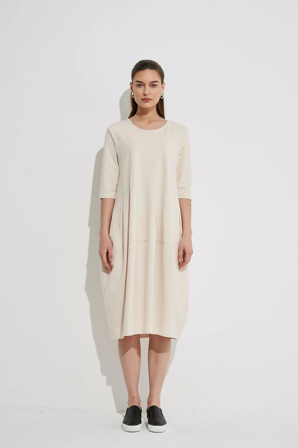Tirelli - 3/4 Sleeve Diagonal Seam Dress - Cream