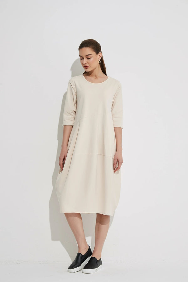 Tirelli - 3/4 Sleeve Diagonal Seam Dress - Cream