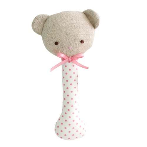 Alimrose - Baby Bear Stick Rattle - Pink Spot on Ivory