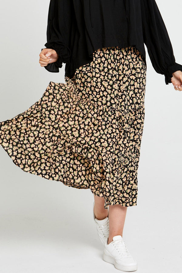 Sass - Tegan Tiered Boho Midi Skirt - Black Floral