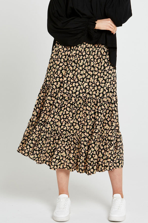 Sass - Tegan Tiered Boho Midi Skirt - Black Floral