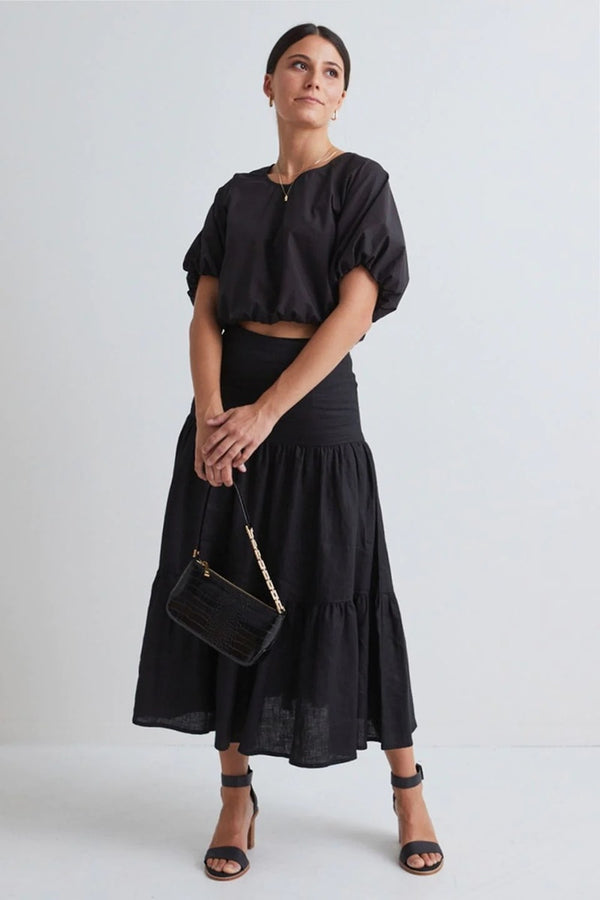 Among The Brave - Blazing Black Tiered Linen Midi Skirt