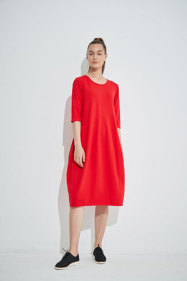 Tirelli - 3/4 Sleeve Diagonal Seam Dress - Red