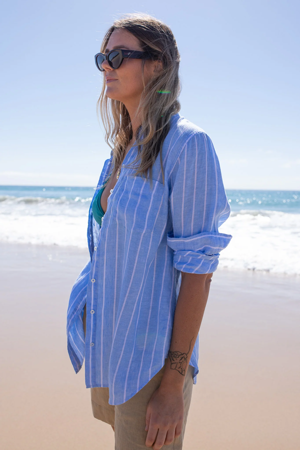 HUT - The Boyfriend Linen Shirt - Amalfi Light Blue Stripe