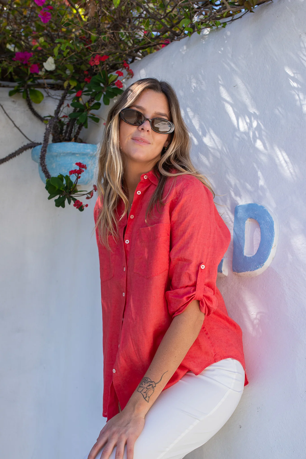 HUT - The Boyfriend Linen Shirt - Red Poppy