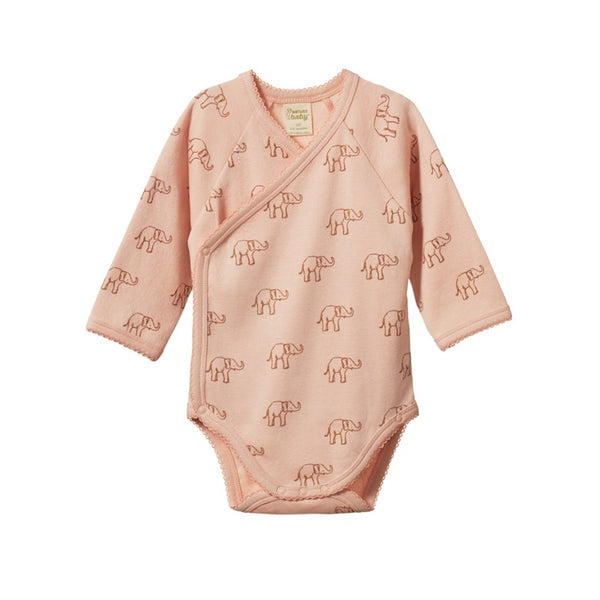 Nature Baby - LS Kimono Bodysuit - Elephant Rose Dust Print